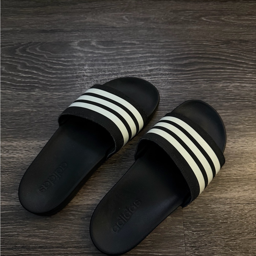Adidas Women's Black Slides with White Stripes